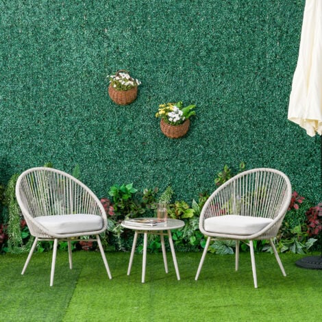 Outsunny Set 3 Pezzi Tavolino e Sedie da Giardino Stile Boho in Rattan Bianco