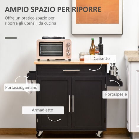 HOMCOM Carrellino Cucina con Cassetto Armadietto e Portaspezie Nero 109x40x89cm