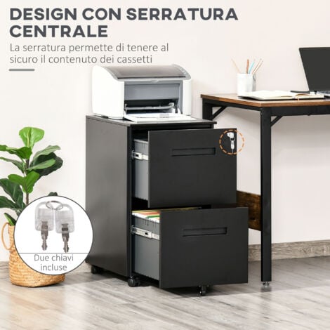 Vinsetto Cassettiera Ufficio Nera Schedario 2 Cassetti con Serratura Acciaio