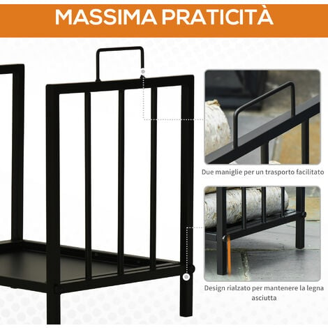 Outsunny Carrello Portalegna in Acciaio Nero con 2 Ruote per Interno ed  Esterno, Max. 30kg