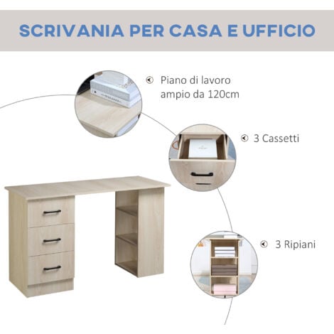 HOMCOM Scrivania PC con 3 Ripiani e 3 Cassetti in Legno Casa e Ufficio