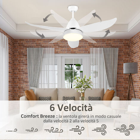 HOMCOM Ventilatore a Soffitto Luce LED 6 Velocità Telecomando Incluso Bianco