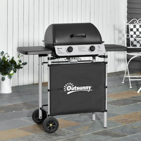 Outsunny Barbecue a Gas 2 Fuochi da 2.8kW con Coperchio Mensole Ruote