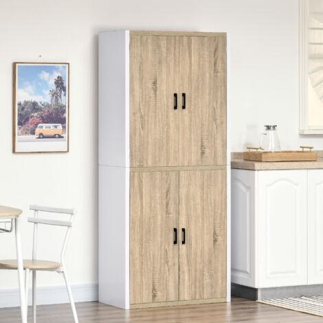 HOMCOM Mobile Dispensa Alto in MDF 4 Ante 4 Scaffali Regolabili Bianco e Legno