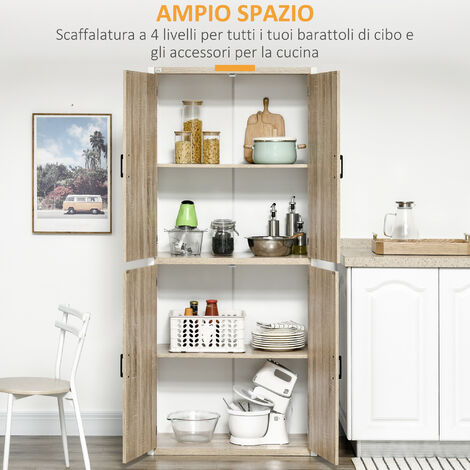 HOMCOM Mobile Dispensa Alto in MDF 4 Ante 4 Scaffali Regolabili Bianco e Legno