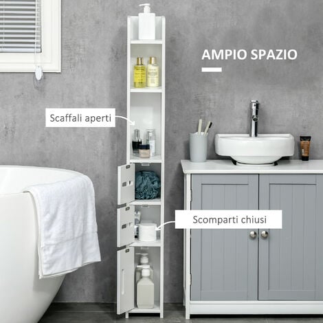 kleankin Mobile Bagno Alto con Mensole e Armadietti in Legno Bianco 15x17x120cm