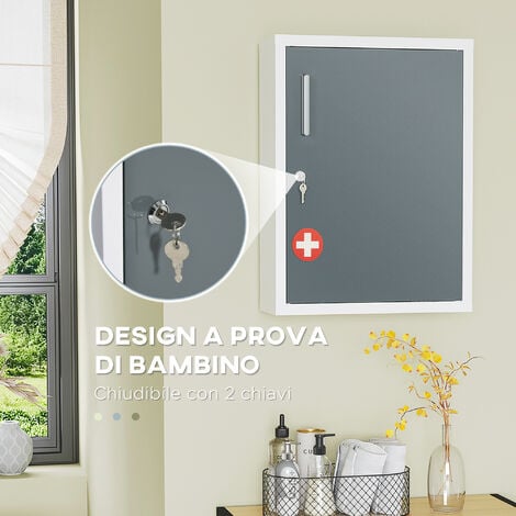 kleankin Mobiletto Porta Medicinali con 3 Ripiani e Blocco con Chiavi in Acciaio