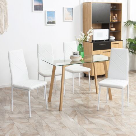 HOMCOM Set 4 Sedie da Cucina con Schienale Alto Finta Pelle e Acciaio Bianco