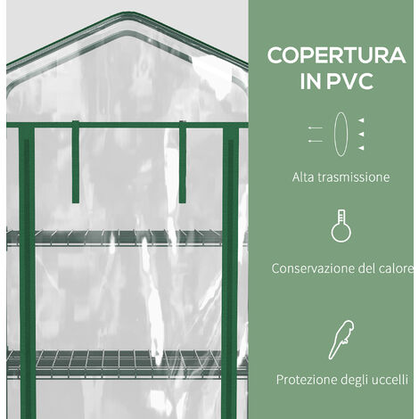 Outsunny Serra per Piante Verticale e 4 Ripiani Acciaio e PVC Verde 69x50x165cm