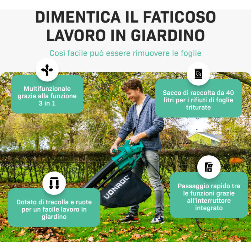 VONROC Soffiatore, aspiratore, trituratore 3300W-3 in 1: soffiatore,  aspiratore e trituratore