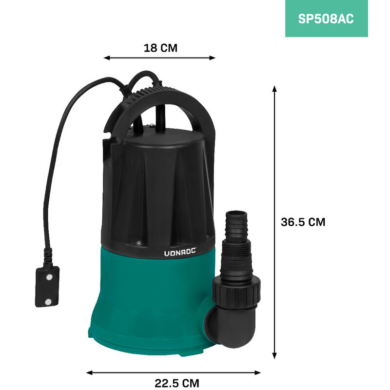 VONROC Pompa sommersa. Pompa ad immersione 300W - 6500l/h. Per acqua pulita  e leggermente contaminata. Con galleggiante