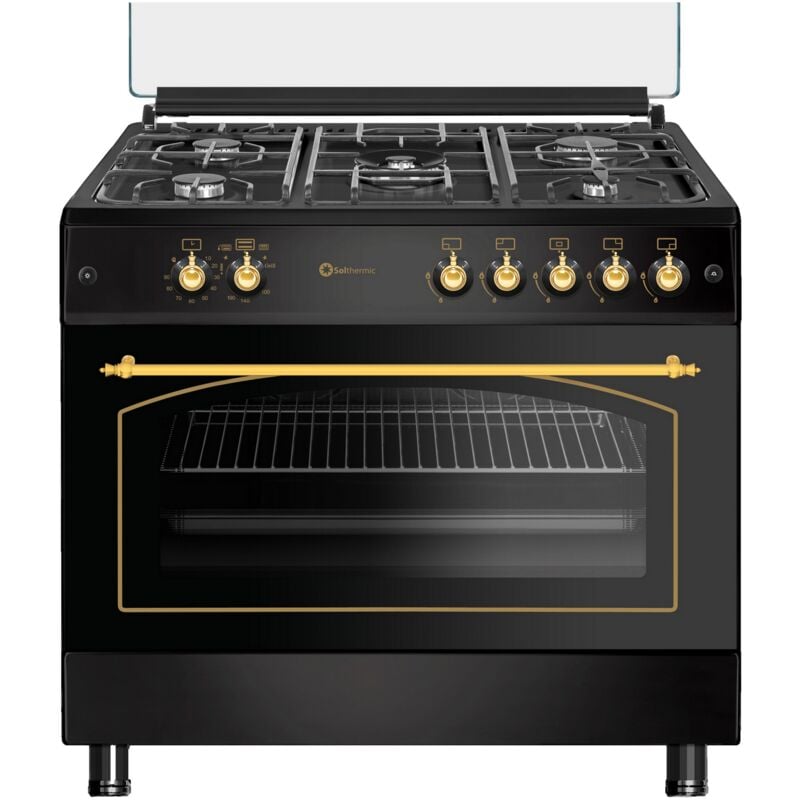 SOLTHERMIC F9LT50G2 COCINA GAS PORTABOMBONA ESTILO RUSTICO / NEGRA CON MANDOS DORADOS / 5 FUEGOS / HORNO 64 L./ ALTA GAMA