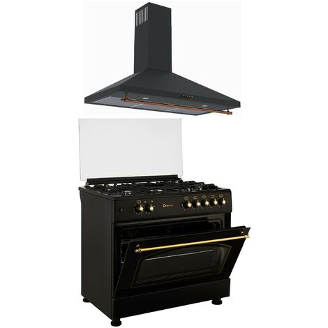SOLTHERMIC COMBO PACK COCINA GAS F9L50G2RB CON HORNO PANORAMICO NEGRA RÚSTICO + CAMPANA A DECORATIVA H90PR