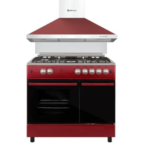 SOLTHERMIC COMBO PACK COCINA GAS ROJA PORTABOMBONA F9LT50G2 Y CAMPANA DECORATIVA 8924 ROJA 90