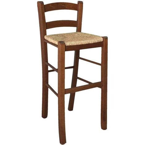 Holzhocker mit Strohsitz, H 67 cm, in dunklem Walnussholz