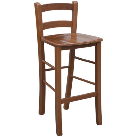 Hocker aus dunklem Buchenholz H 67cm mit Rückenlehne und Sitzfläche aus massivem Holz (1/5)