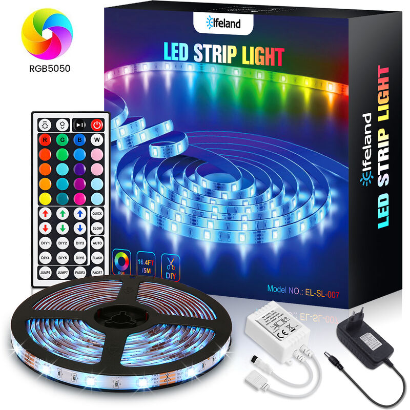 2er-Pack Elfeland LED-Streifen, 5 m, mehrfarbige RGB-Beleuchtung, 12 V, 5050  Streifen mit 44-Tasten-Fernbedienung