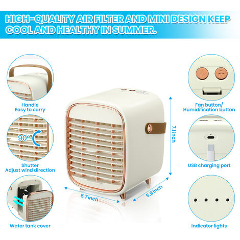 Mini Klimaanlage Mobiles Klimageräte Aircooler Tragbar Luftkühler  Tischventilator 3-Gang für Zuhause, Büro, Camping