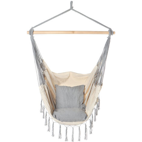 Hammock Chair Hanging Rope Swing-Max 330 Lbs-2 Cushions (Beige)