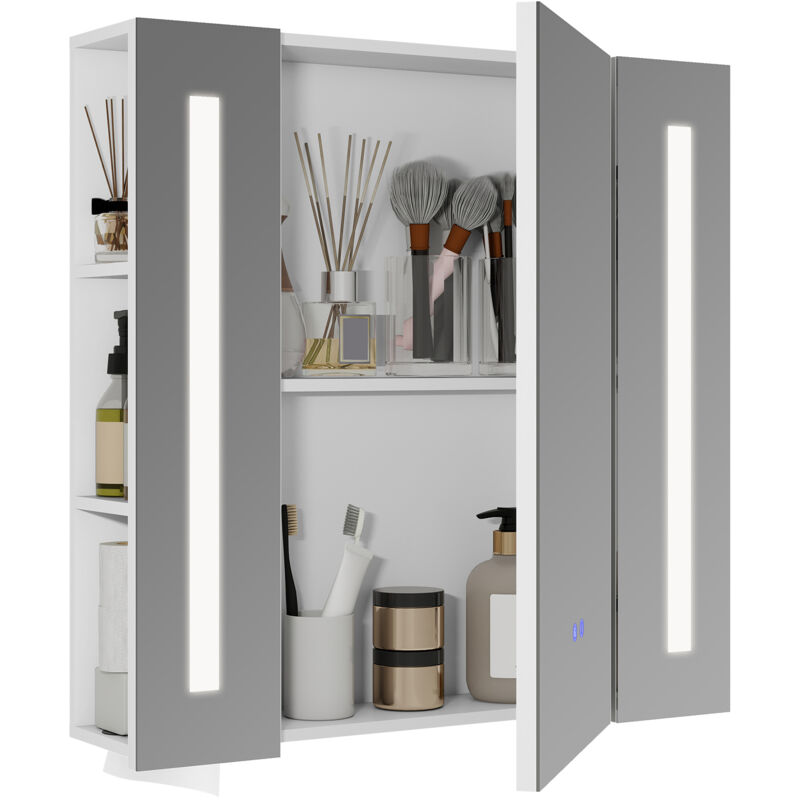 Armoire Murale Salle De Bain Avec Miroir LED Antibuée - 50x80cm Doré Blanc, Prise USB, 3 Étagères, Design Arqué