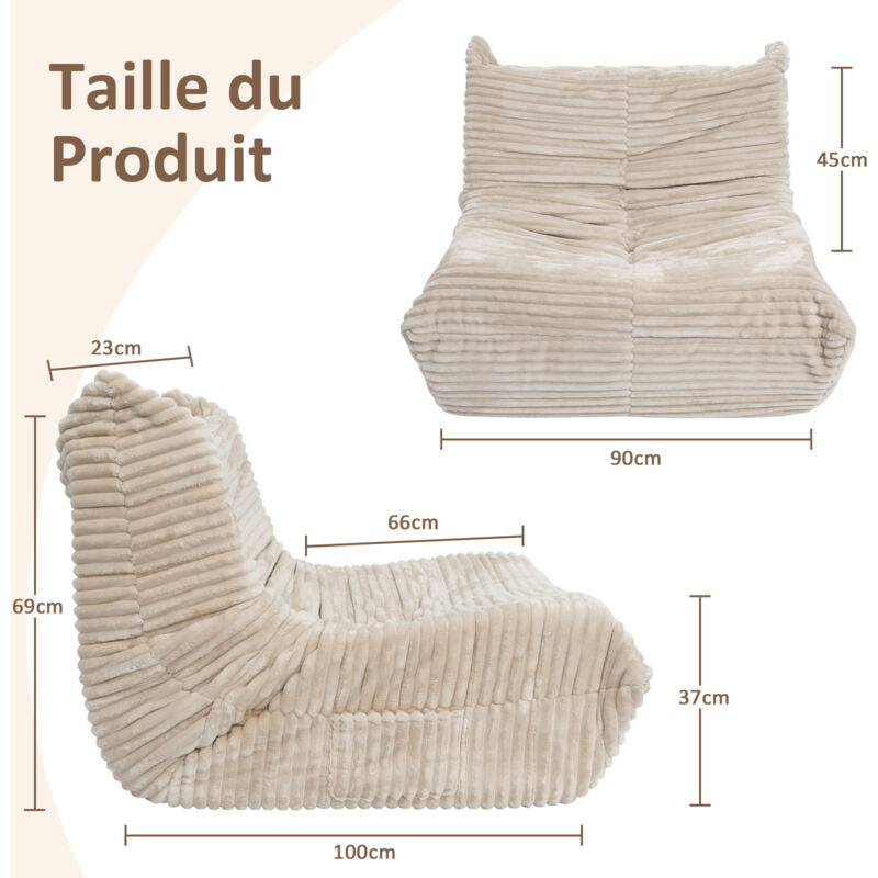 Pouf Géant Velours Côtelé Avec Accoudoirs - 118 X 113 X 75 Cm - Rempli Mousse HR - Gris - Pour Salon, Chambre, Dortoir