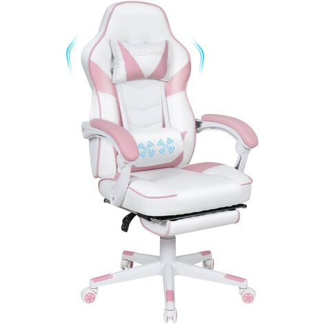 Puluomis – Chaise gamer avec repose-pieds et support lombaire – Cuir synthétique rose – Massage USB – Charge max 150kg – Dossier inclinable 90°-150°