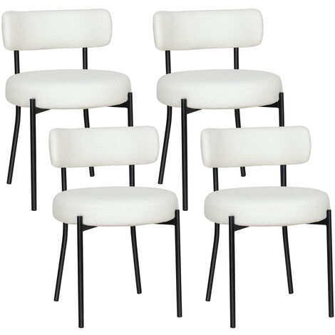 Puluomis – Lot de 4 chaises de salle à manger rembourrées en tissu Teddy – Velours blanc – Pieds en métal noir – Design rétro moderne – Hauteur d'assise 52 cm