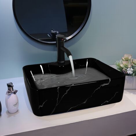 Puluomis – Vasque à poser en céramique noire – Carrée 53x35x16cm – Design moderne avec trop-plein – Installation facile sur surfaces planes