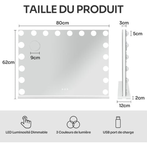Puluomis LED Miroir de Maquillage 80x60cm 18 lumières Hollywood avec Ecran Tactile & Loupe de Grossissant 10X Blanc