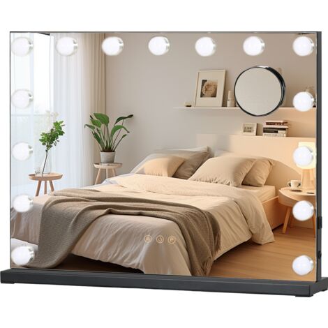 Puluomis – Miroir de maquillage LED 58x45cm – 15 lumières – Écran tactile – Loupe grossissante 10X – 3 modes d'éclairage – Installation murale ou sur table