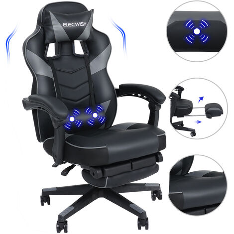 Puluomis Chaise Gamer de Massage, Chaise de Bureau à haut, Fauteuil Dossier avec Repose-pieds et Support Lombaire - Gris