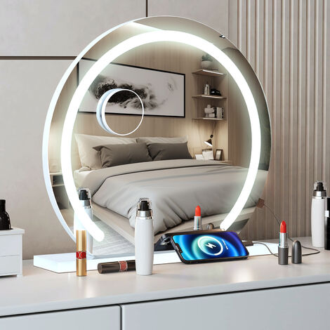 Puluomis – Miroir de maquillage sur pied 50x48cm rond – Éclairage LED avec 3 couleurs – Interrupteur tactile – Loupe 10x pour détails précis