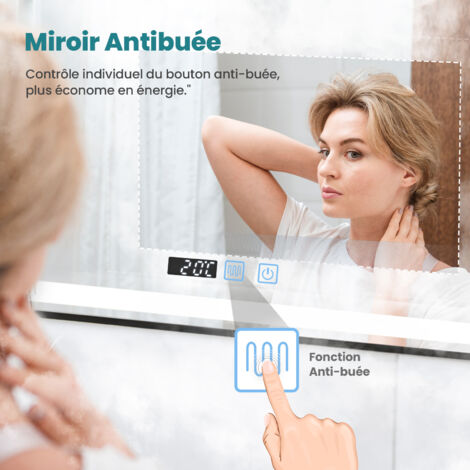 Puluomis Miroir cosmétique de salle de bain 80×60cm , Miroir de maquillage avec l'éclairage LED réglable , Miroir de grande taille ，Miroir mural , Antibuée , Tactile , Affichage Numérique , 3 couleurs