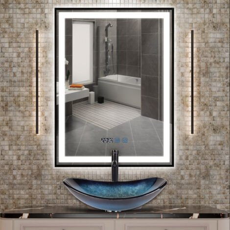 Puluomis Miroir lumineux de salle de bain 60×80cm, Miroir cosmétique de grande taille, Miroir mural, 3 couleurs de lumière , Antibuée, Tactile , Affichage Numérique - Noir