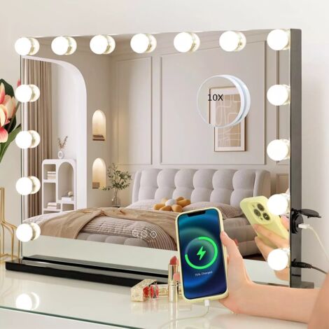Puluomis – Miroir lumineux de salle de bain 58x45cm – 15 ampoules à 3 couleurs – Écran tactile – Grossissant 10x – Installation murale ou de bureau – Noir