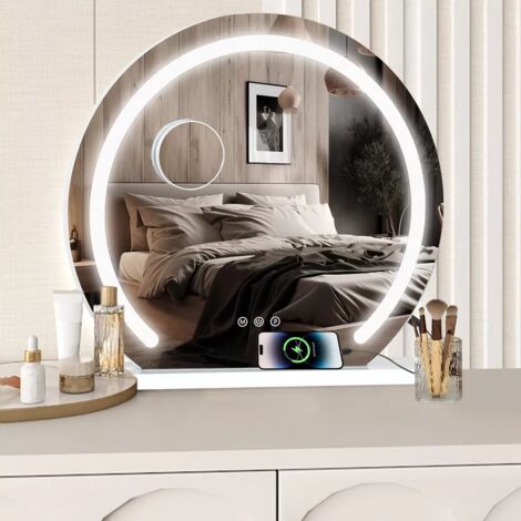 Puluomis – Miroir lumineux de salle de bain rond 50x48cm – 3 couleurs de lumière – Contrôle tactile – Loupe 10x – Port USB intégré – Blanc