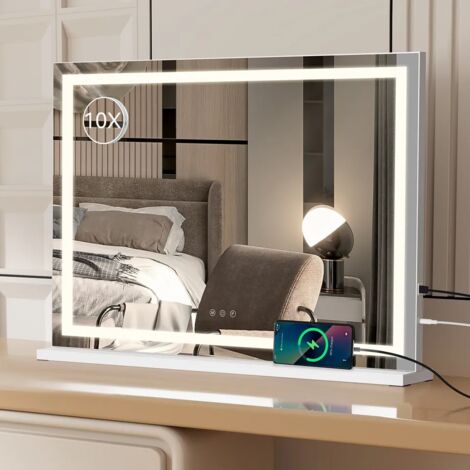Puluomis – Miroir lumineux de salle de bain 80x56cm – Rectangulaire avec bande lumineuse 3 couleurs – Contrôle tactile – 10x loupe – Blanc