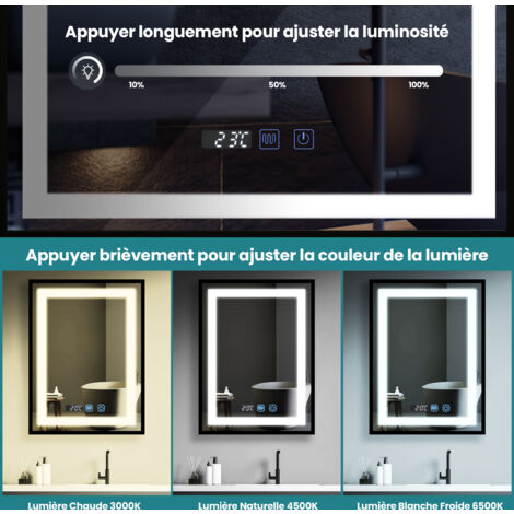 Puluomis Miroir de salle de bain 60×80cm , Avec éclairage LED réglable , Miroir cosmétique lumineux de grande taille, Miroir mural , 3 couleurs de lumière , Antibuée , Tactile , Affichage Numérique - 