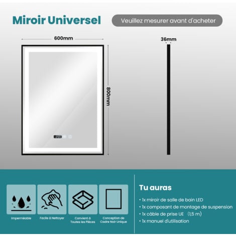 Puluomis Miroir de salle de bain 60×80cm , Avec éclairage LED réglable , Miroir cosmétique lumineux de grande taille, Miroir mural , 3 couleurs de lumière , Antibuée , Tactile , Affichage Numérique - 