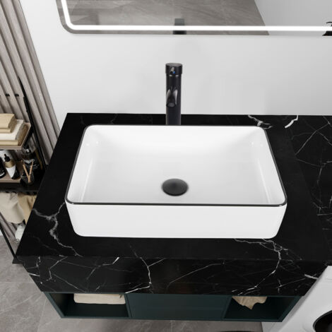 Puluomis – Vasque à poser rectangulaire en céramique 50,5 x 34,1 x 9,9 cm – Surface lisse et résistante aux chocs – Drainage efficace et installation facile