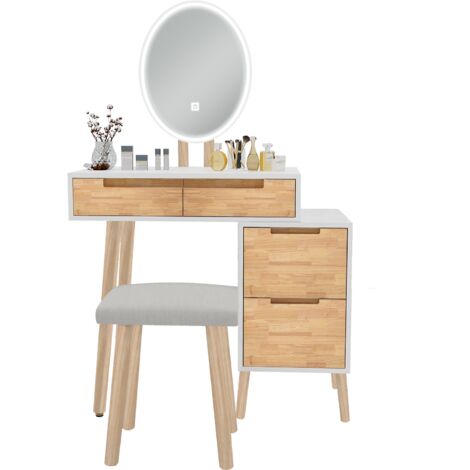 Puluomis – Coiffeuse avec miroir LED et tabouret – 4 tiroirs en bois – Éclairage LED 3 couleurs – Dimensions 70x134x35 cm – Rangement pratique blanc