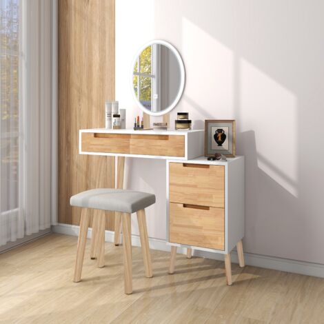 Coiffeuse moderne avec miroir LED, table de maquillage en bois massif