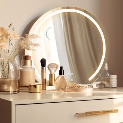 Puluomis – Miroir rond de maquillage 60x58cm – Lumineux avec 3 modes d'éclairage – Installation murale ou de bureau – Verre et métal blanc