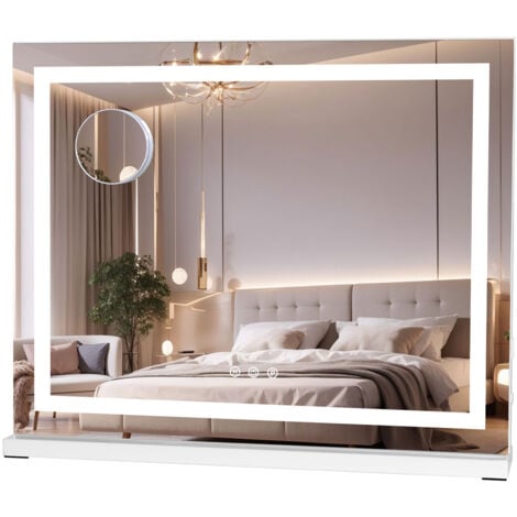 Puluomis LED Miroir de maquillage Lumineux 58X45 cm Hollywood, Miroir Simple avec Bande lumineuse Carrée, 3 Modes D'éclairage, Luminosité Réglable, Grossissement 10x , Tactile, Chambre, Table -Blanc