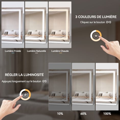 Puluomis LED Miroir de maquillage Lumineux 58X45 cm Hollywood, Miroir Simple avec Bande lumineuse Carrée, 3 Modes D'éclairage, Luminosité Réglable, Grossissement 10x , Tactile, Chambre, Table -Blanc