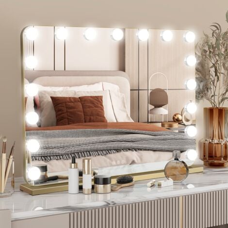 Puluomis LED Miroir de Maquillage 80x60cm Hollywood, Miroir cosmétique simple à coins arrondis de 18 ampoules, 3 couleurs de lumière, Table, Chambre, Interrupteur Tactile & Grossissant 10X - Doré