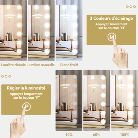 Puluomis LED Miroir de Maquillage 80x60cm Hollywood, Miroir cosmétique simple à coins arrondis de 18 ampoules, 3 couleurs de lumière, Table, Chambre, Interrupteur Tactile & Grossissant 10X - Doré