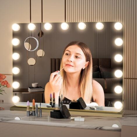 Puluomis LED Miroir de Maquillage 80x60cm Hollywood, Miroir cosmétique simple à coins arrondis de 18 ampoules, 3 couleurs de lumière, Table, Chambre, Interrupteur Tactile & Grossissant 10X - Doré