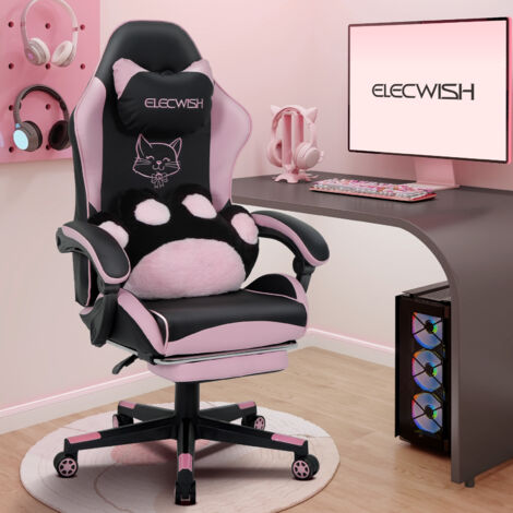 Puluomis – Chaise gaming ergonomique rose avec coussin lombaire et appui-tête – Dossier réglable 90°-150° – Repose-pieds inclus – Pour adultes et filles