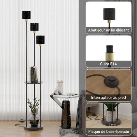 Lampadaire Avec Étagère Vintage 3 Abat-jour Lin - Pied Interrupteur, Rétro Noir Et Beige Pour Salon Chambre Bureau